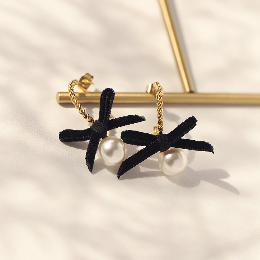 Velvet Bow Pearl Drop Earrings - Gold - 4