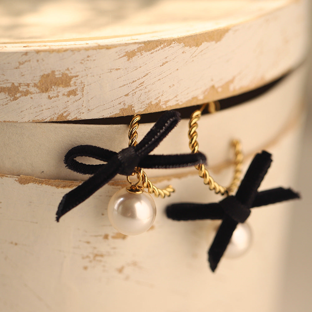 Velvet Bow Pearl Drop Earrings - Gold - 5