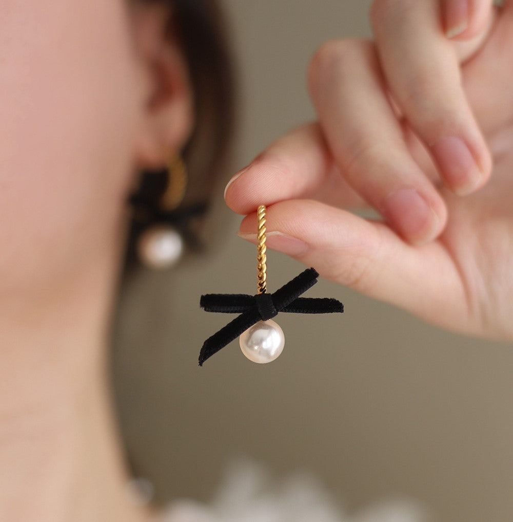 Velvet Bow Pearl Drop Earrings - Gold - 6
