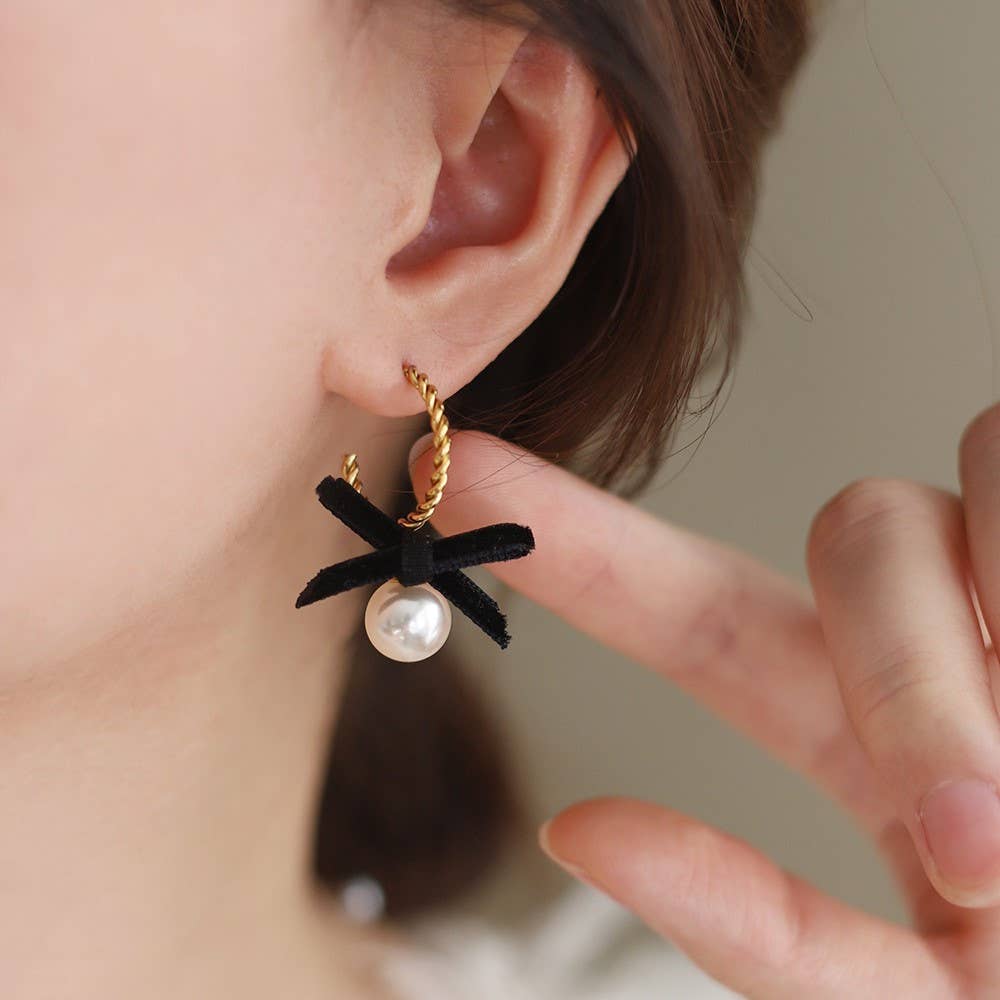 Velvet Bow Pearl Drop Earrings