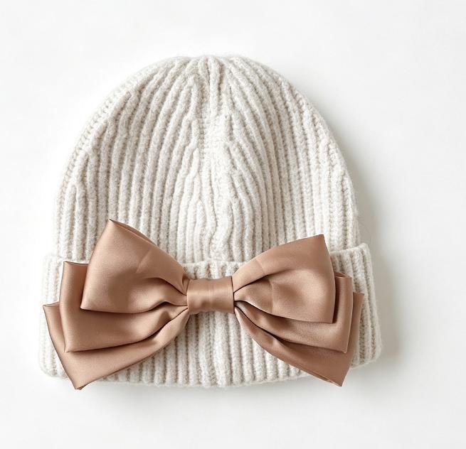 Ribbed Knit Beanie with Oversized Satin Bow - Beige