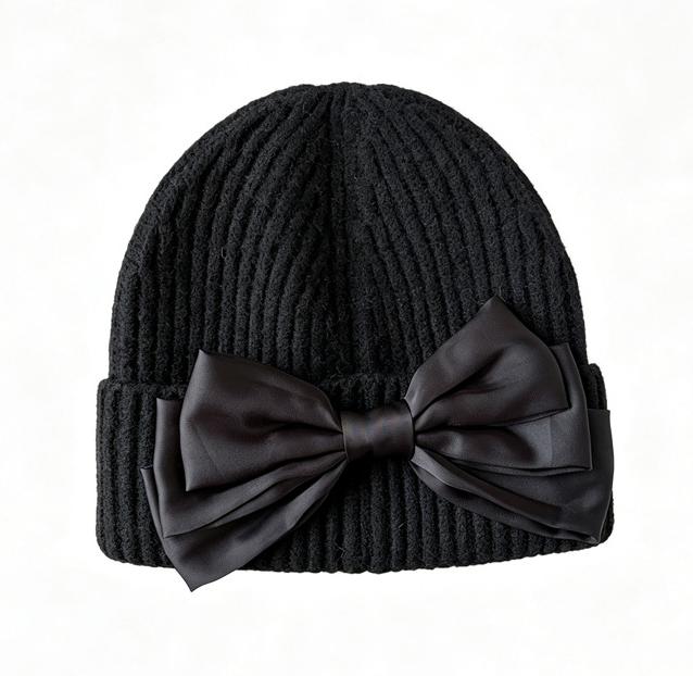 Ribbed Knit Beanie with Oversized Satin Bow - Black