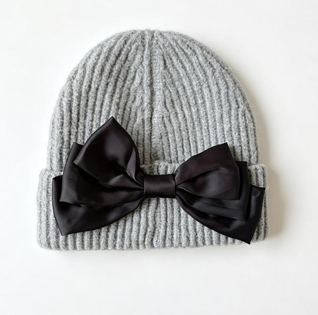 Ribbed Knit Beanie with Oversized Satin Bow - Grey - 1