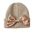 Ribbed Knit Beanie with Oversized Satin Bow - Khaki