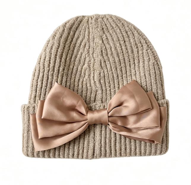 Ribbed Knit Beanie with Oversized Satin Bow - Khaki