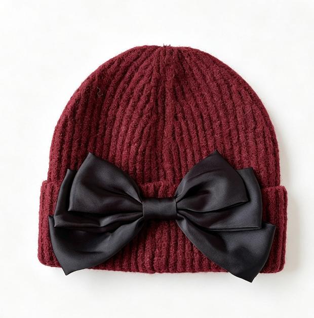 Ribbed Knit Beanie with Oversized Satin Bow - Wine_Red
