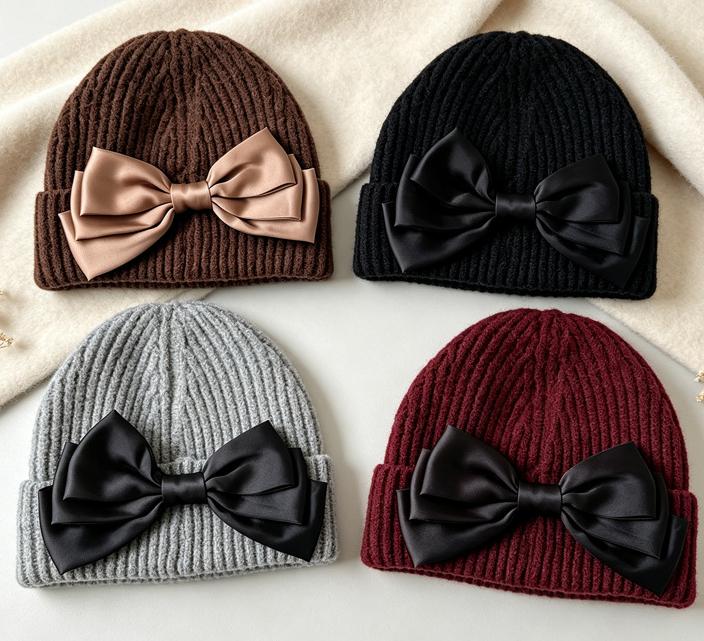 Ribbed Knit Beanie with Oversized Satin Bow - Wine_Red - 1