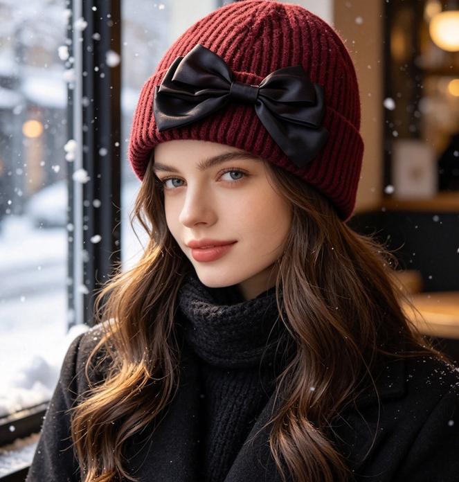 Ribbed Knit Beanie with Oversized Satin Bow - Wine_Red - 2