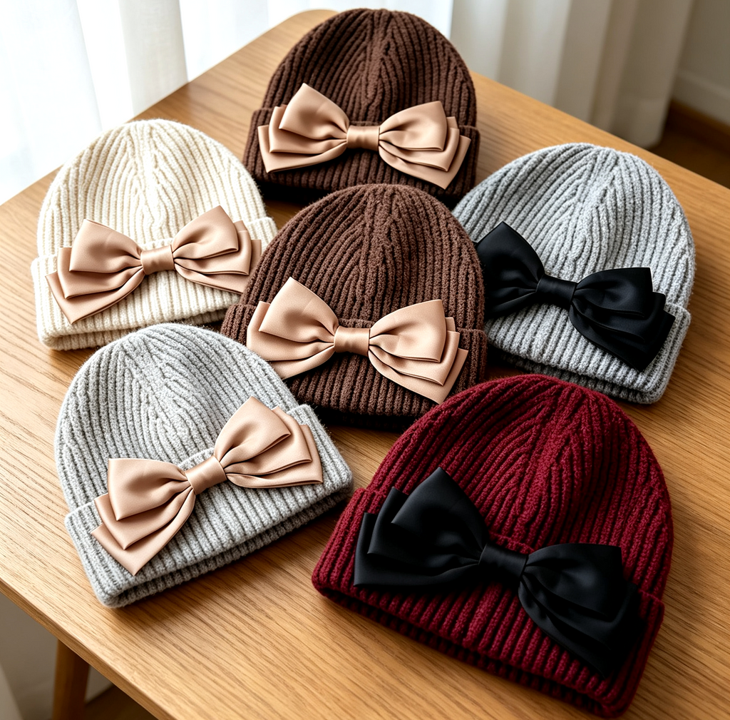 Ribbed Knit Beanie with Oversized Satin Bow - Wine_Red - 3