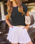 Textured Open Knit Boxy Cap Sleeve Top - Black