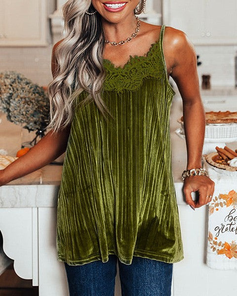 Lace Trim Velvet Camisole Tank - Green