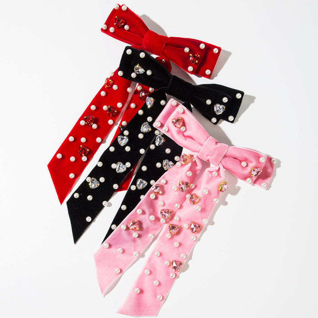 Pearl Rhinestone Long Tail Bow Hair Clip - view 2