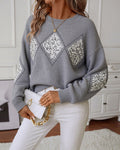 Sequin Diamond Argyle Drop Shoulder Knit Sweater - Grey