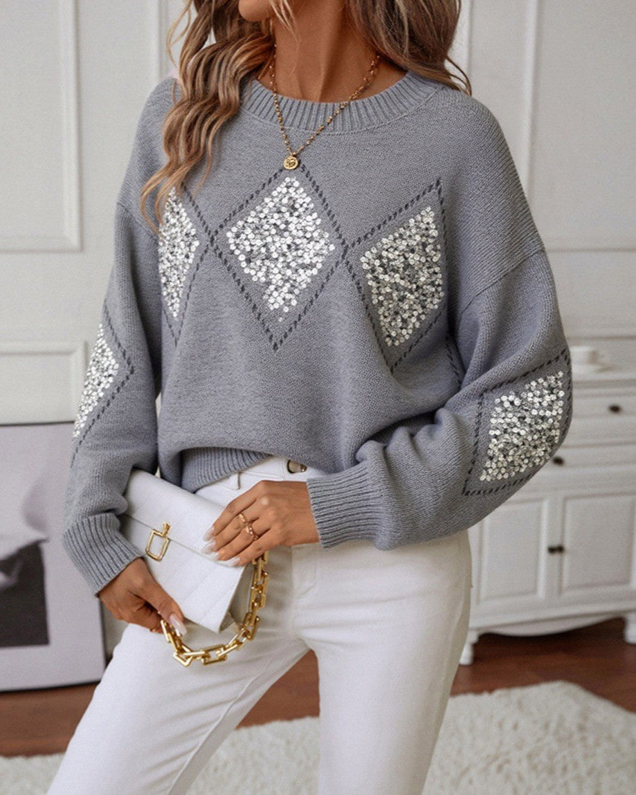 Sequin Diamond Argyle Drop Shoulder Knit Sweater - Grey