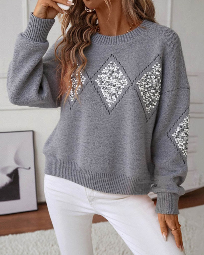 Sequin Diamond Argyle Drop Shoulder Knit Sweater - Grey - 1