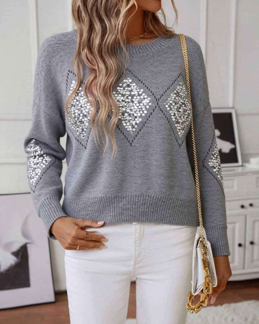 Sequin Diamond Argyle Drop Shoulder Knit Sweater - Grey - 2