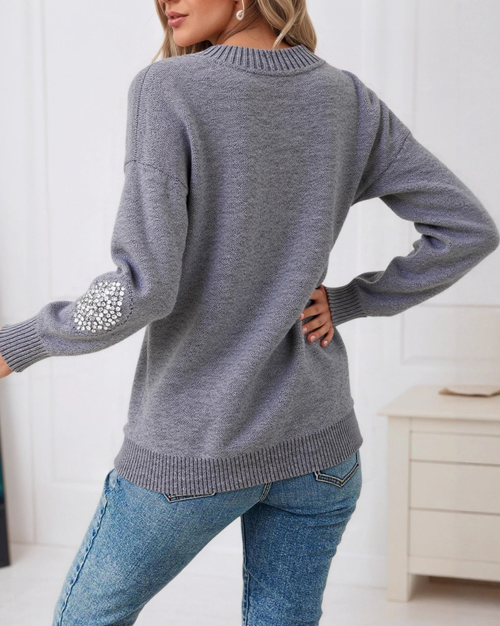 Sequin Diamond Argyle Drop Shoulder Knit Sweater - Grey - 3