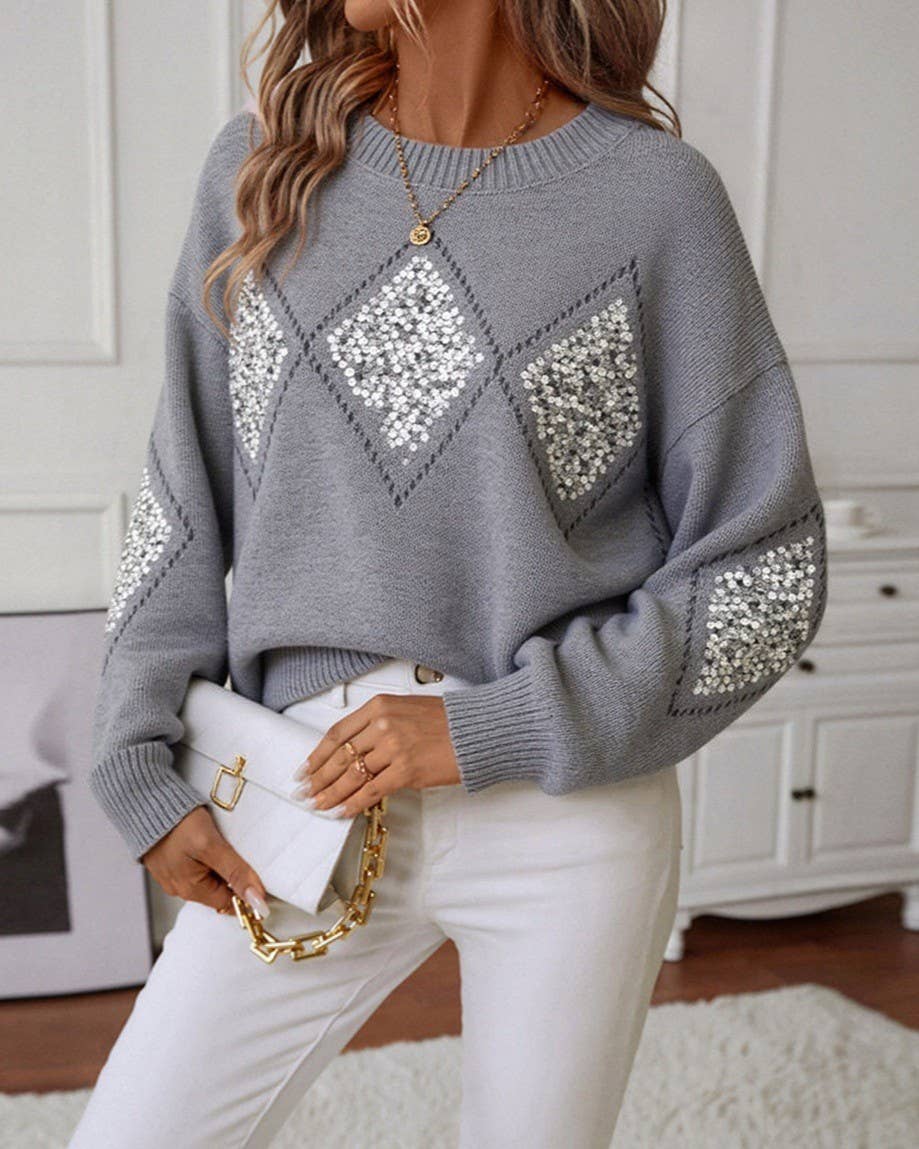 Sequin Diamond Argyle Drop Shoulder Knit Sweater