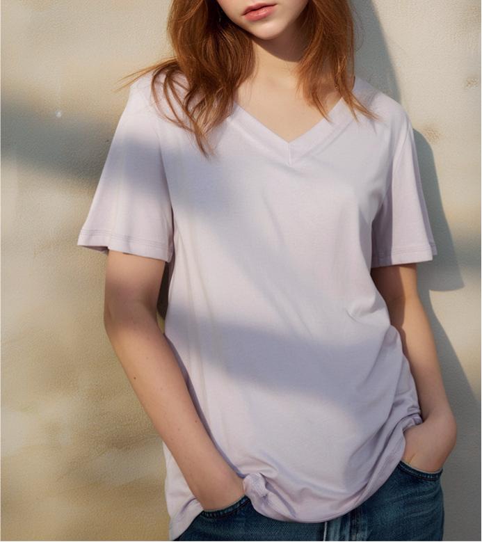 Deep V Neck Slub Cotton Tee - Purple - 1