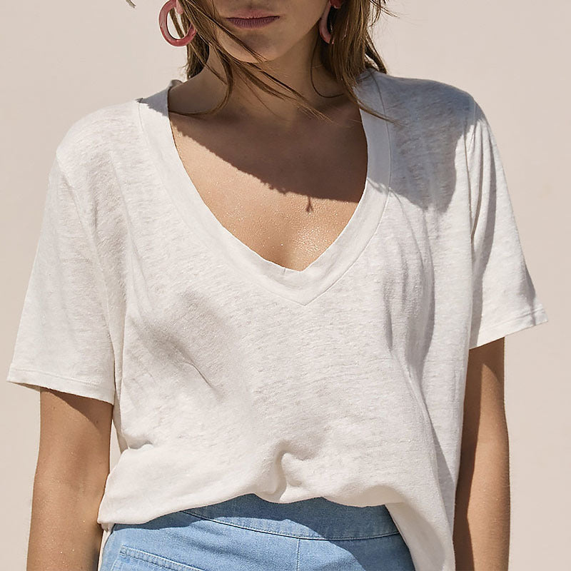 Deep V Neck Slub Cotton Tee