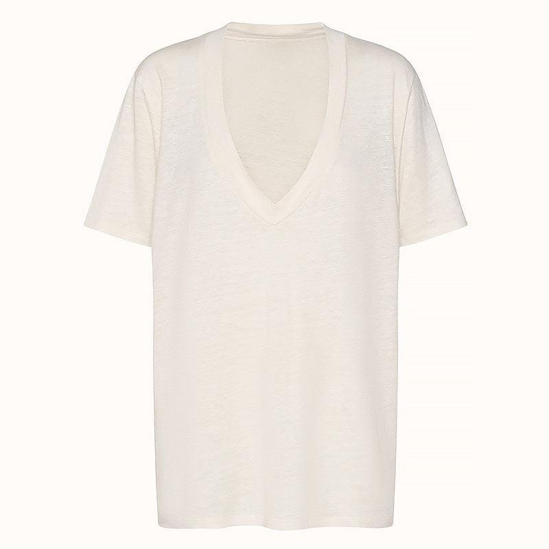 Deep V Neck Slub Cotton Tee - white - 1