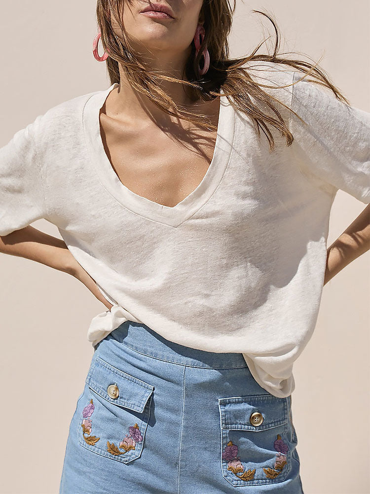 Deep V Neck Slub Cotton Tee - white - 2