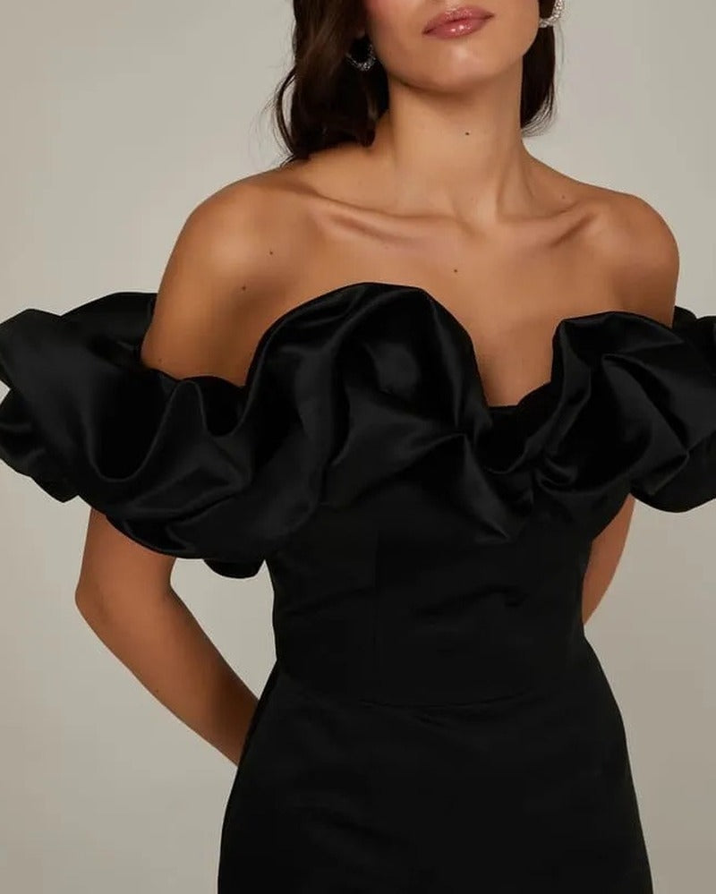 Satin Off Shoulder Ruffle Mini Cocktail Dress - Black