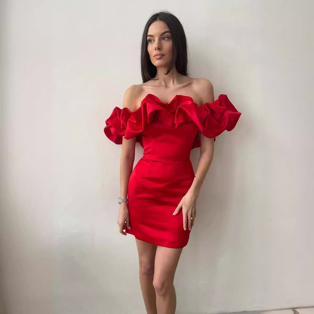 Satin Off Shoulder Ruffle Mini Cocktail Dress