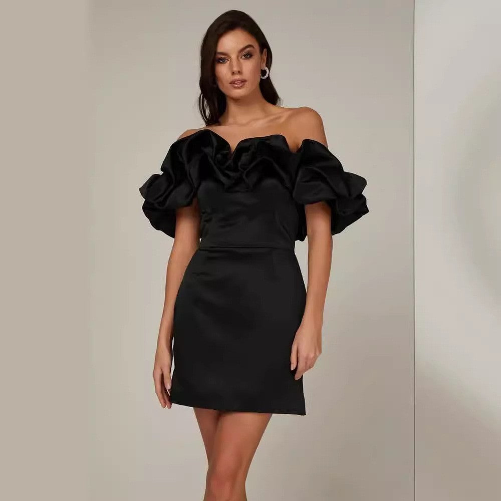 Satin Off Shoulder Ruffle Mini Cocktail Dress