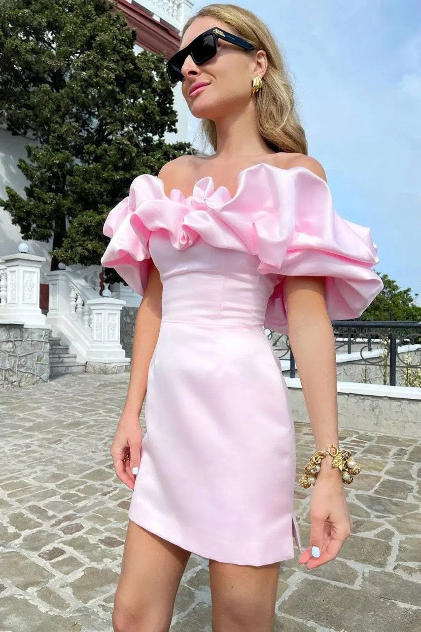 Satin Off Shoulder Ruffle Mini Cocktail Dress