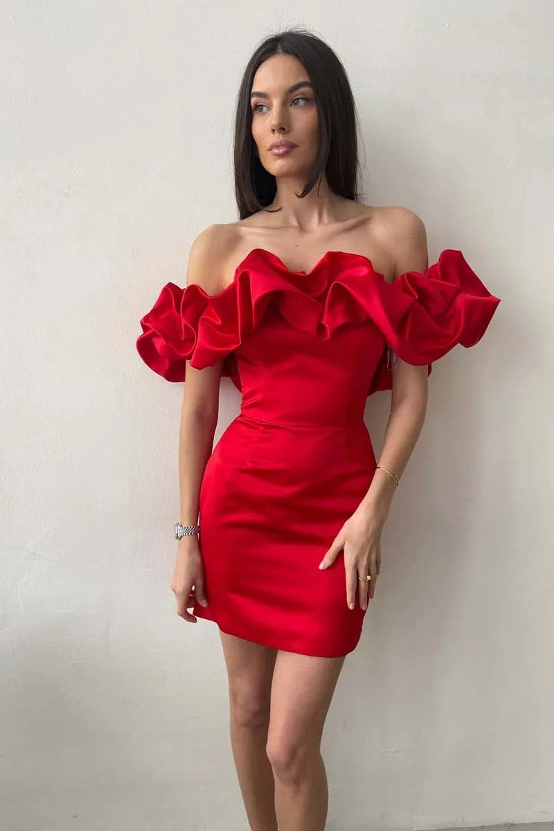 Satin Off Shoulder Ruffle Mini Cocktail Dress