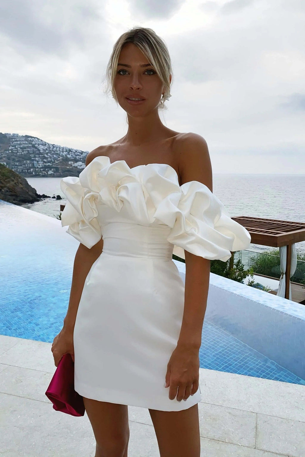 Satin Off Shoulder Ruffle Mini Cocktail Dress