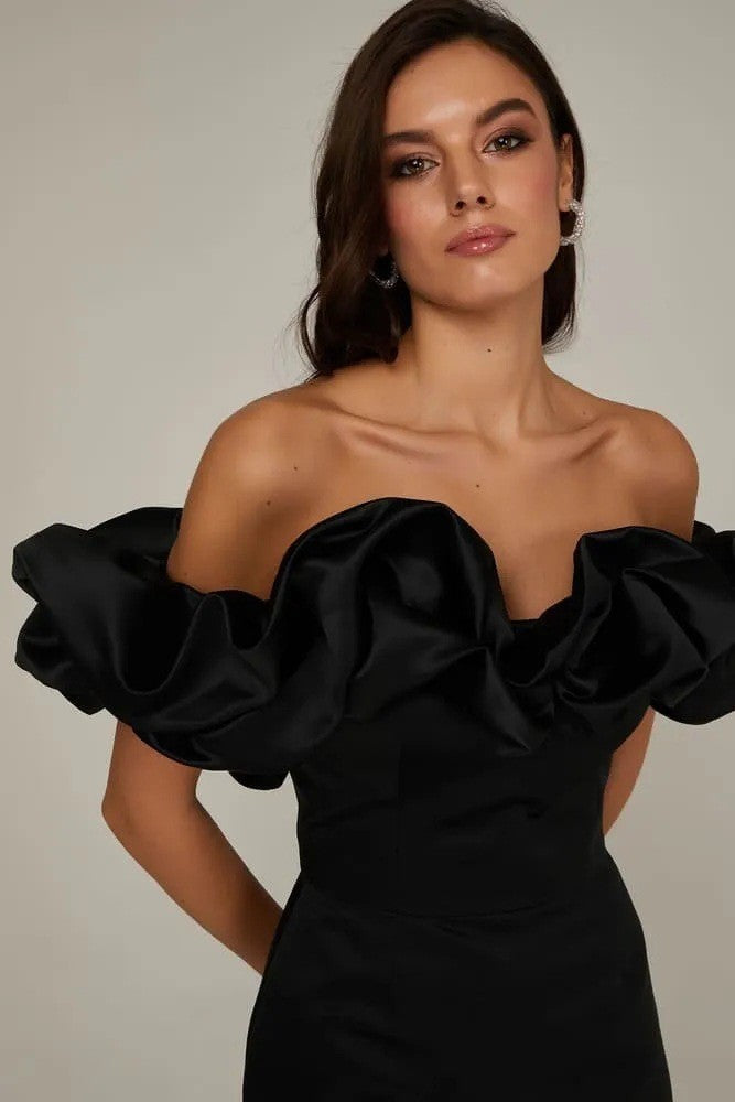 Satin Off Shoulder Ruffle Mini Cocktail Dress