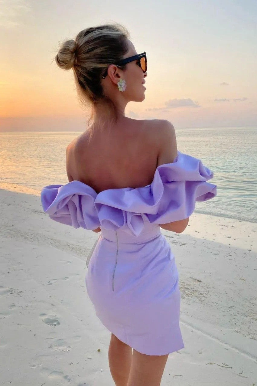 Satin Off Shoulder Ruffle Mini Cocktail Dress
