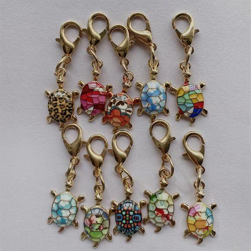 Rhinestone Turtle Keychain Charms Set of 10 - Gold