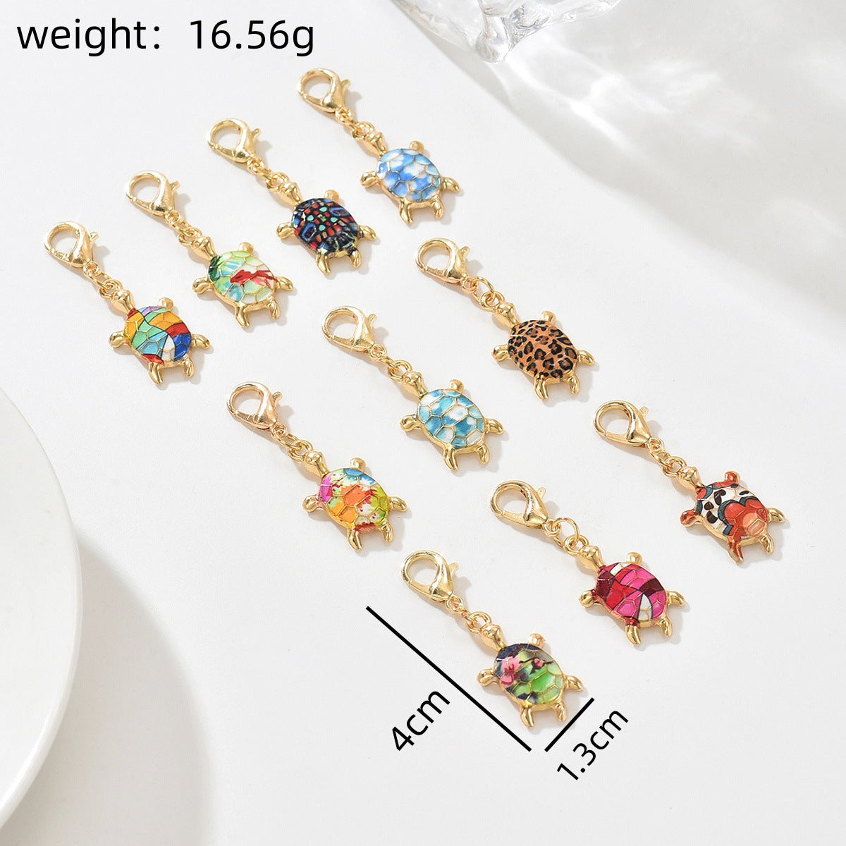 Rhinestone Turtle Keychain Charms Set of 10 - Gold - 1