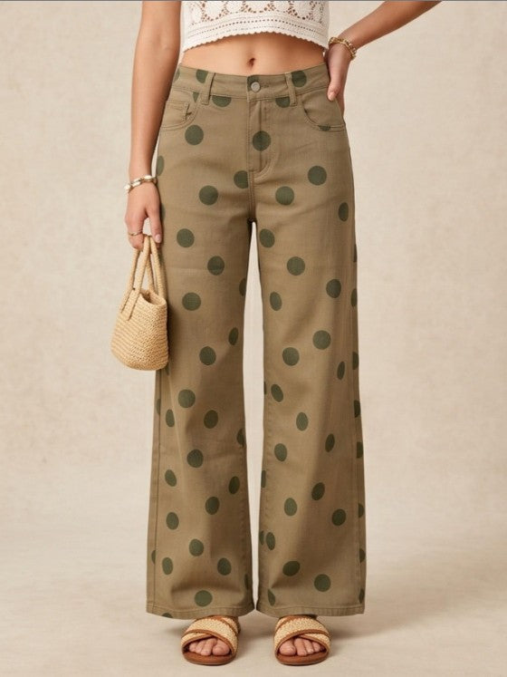 Olive Polka Dot Wide Leg Jeans - Olive