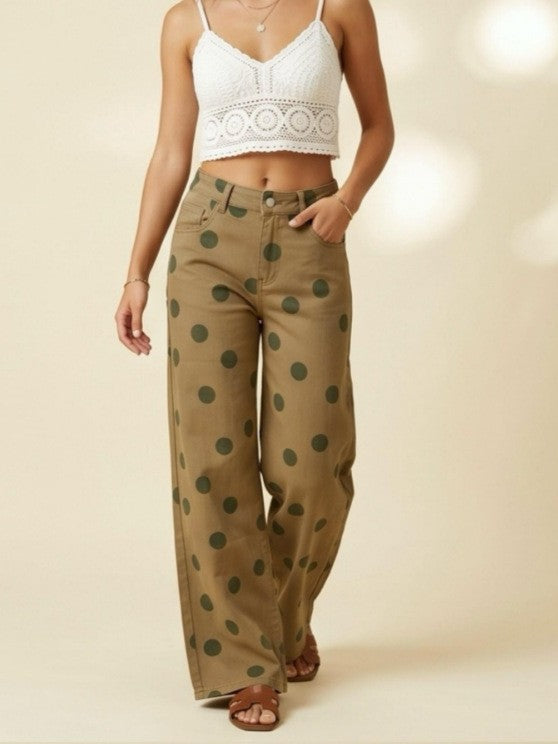 Olive Polka Dot Wide Leg Jeans - Olive - 1