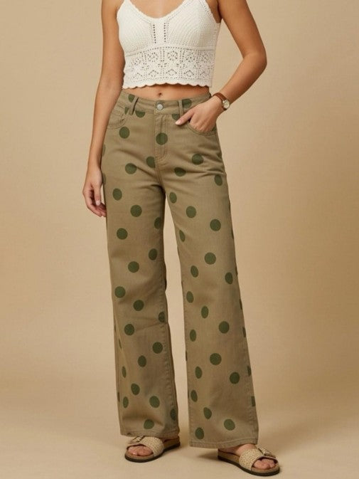 Olive Polka Dot Wide Leg Jeans - Olive - 2