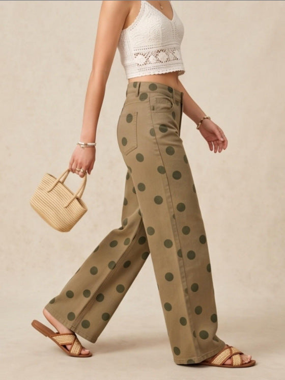 Olive Polka Dot Wide Leg Jeans - Olive - 3