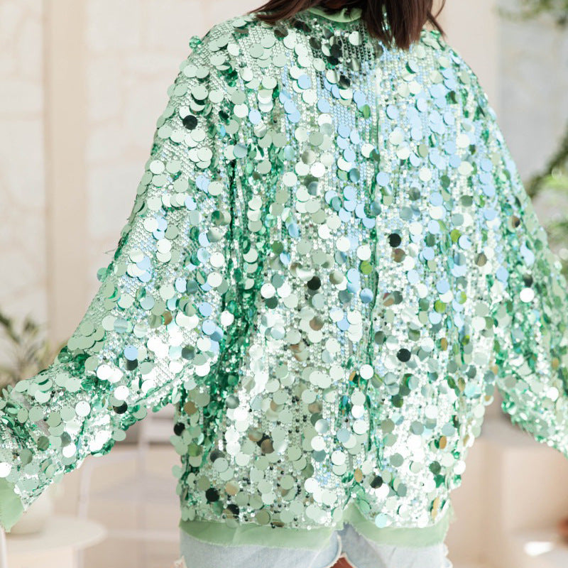 Oversized Sequin Batwing Sleeve Jacket - Green - 2