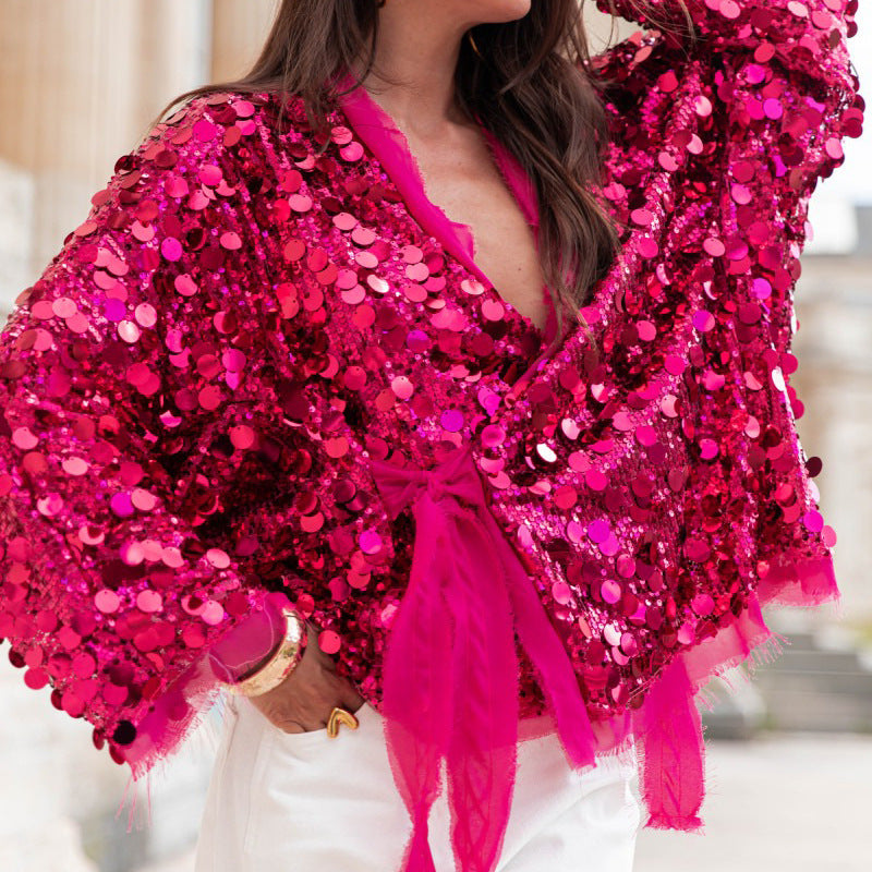Oversized Sequin Batwing Sleeve Jacket - RoseRed