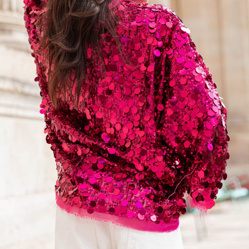 Oversized Sequin Batwing Sleeve Jacket - RoseRed - 1