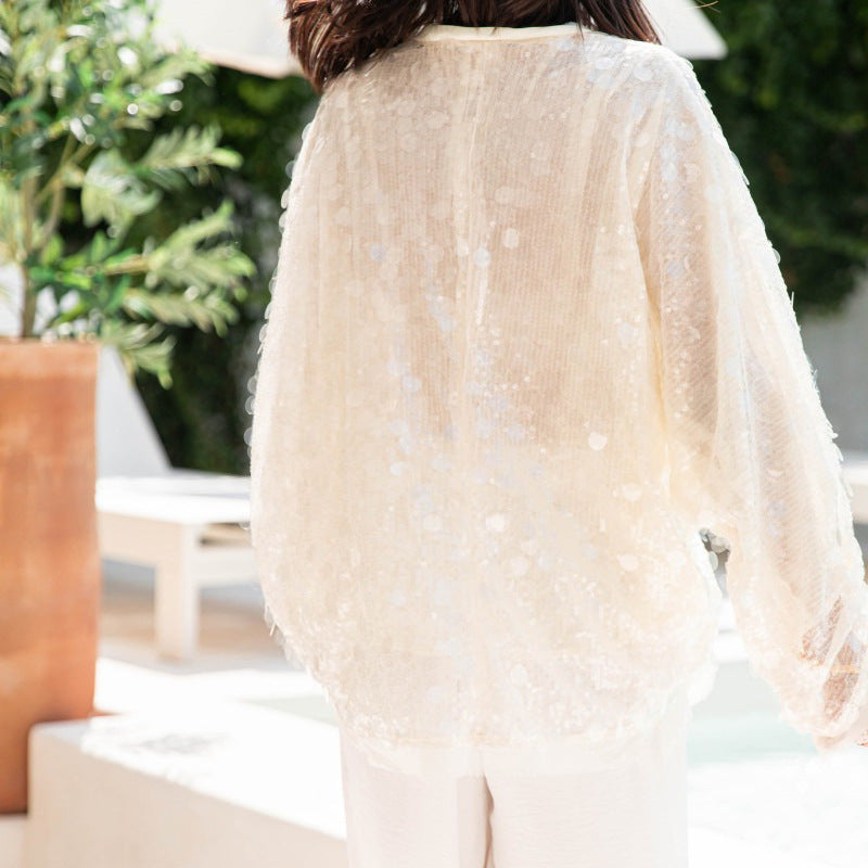 Oversized Sequin Batwing Sleeve Jacket - White - 1