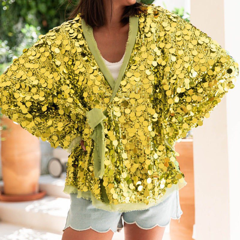 Oversized Sequin Batwing Sleeve Jacket - Yellow