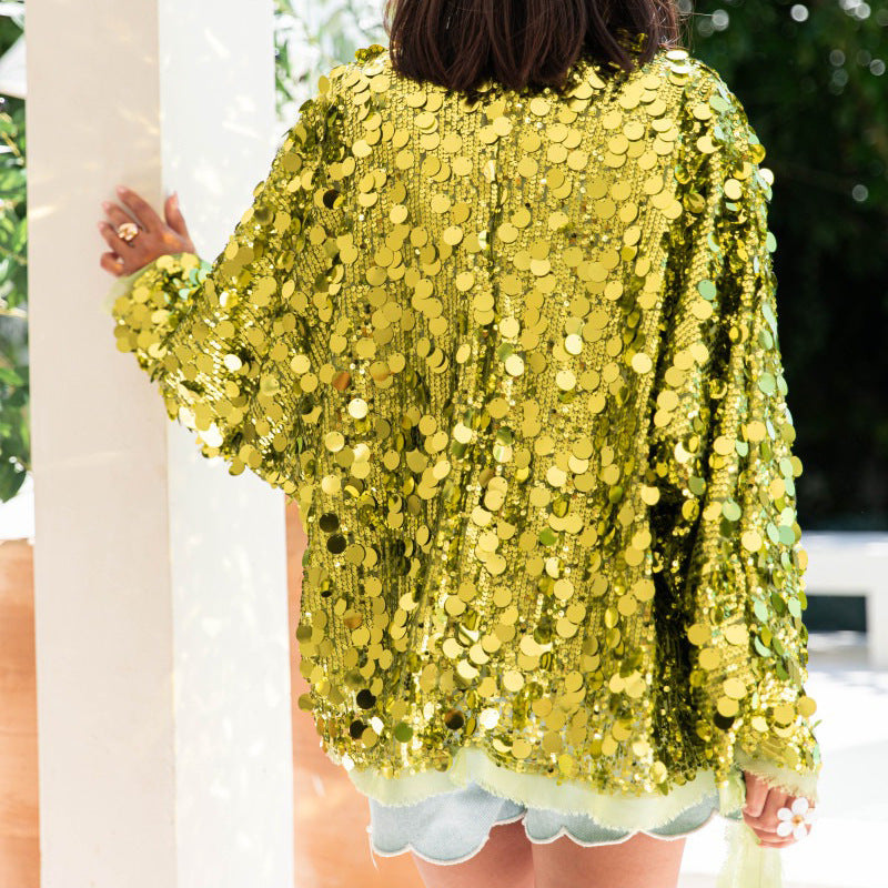 Oversized Sequin Batwing Sleeve Jacket - Yellow - 1
