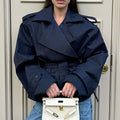 Oversized Wide Lapel Belted Cropped Trench Jacket - Navy