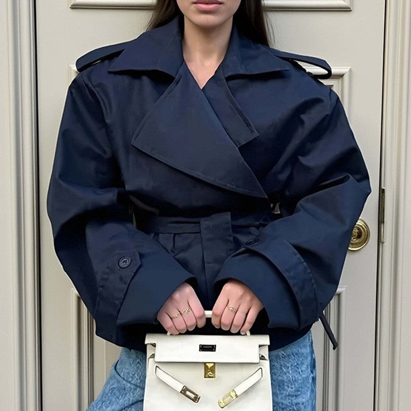 Oversized Wide Lapel Belted Cropped Trench Jacket - Navy