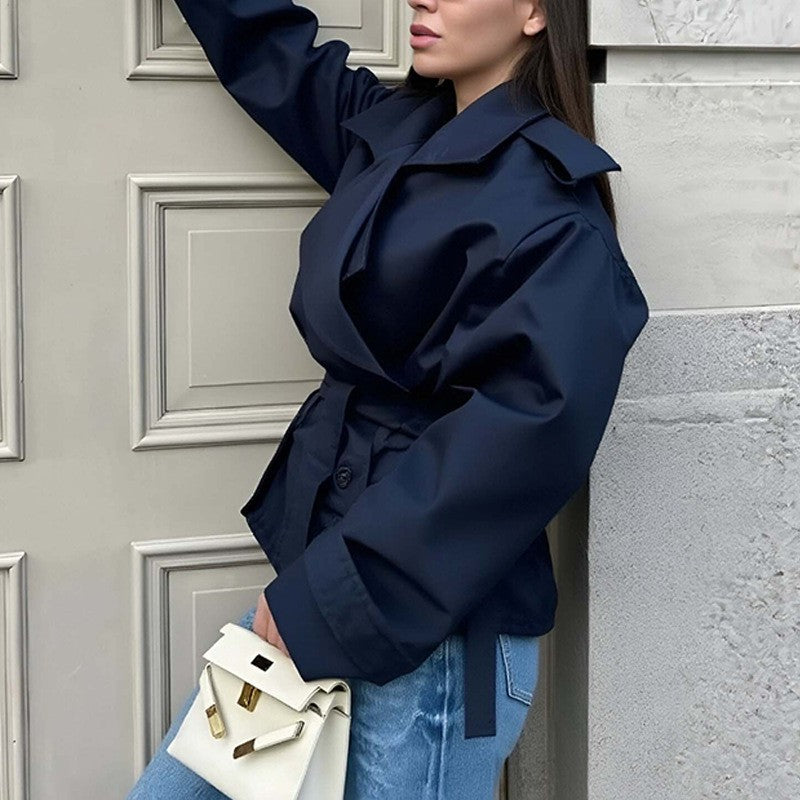 Oversized Wide Lapel Belted Cropped Trench Jacket