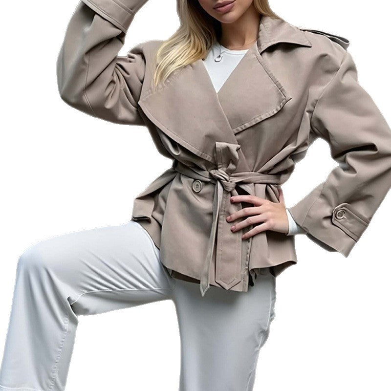 Oversized Wide Lapel Belted Cropped Trench Jacket